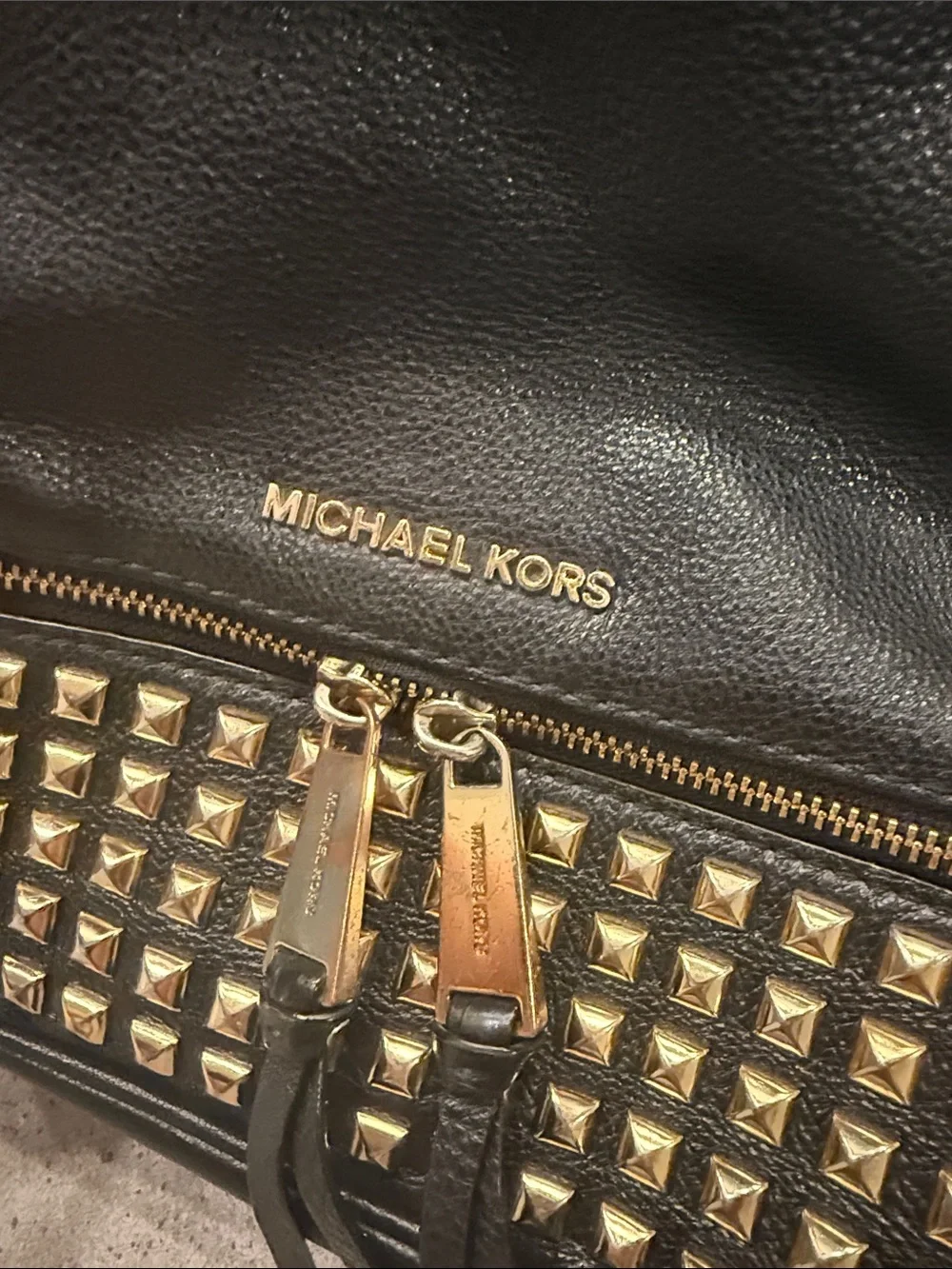 Michael Kors Black Leather Studded Backpack with Gold Hardware